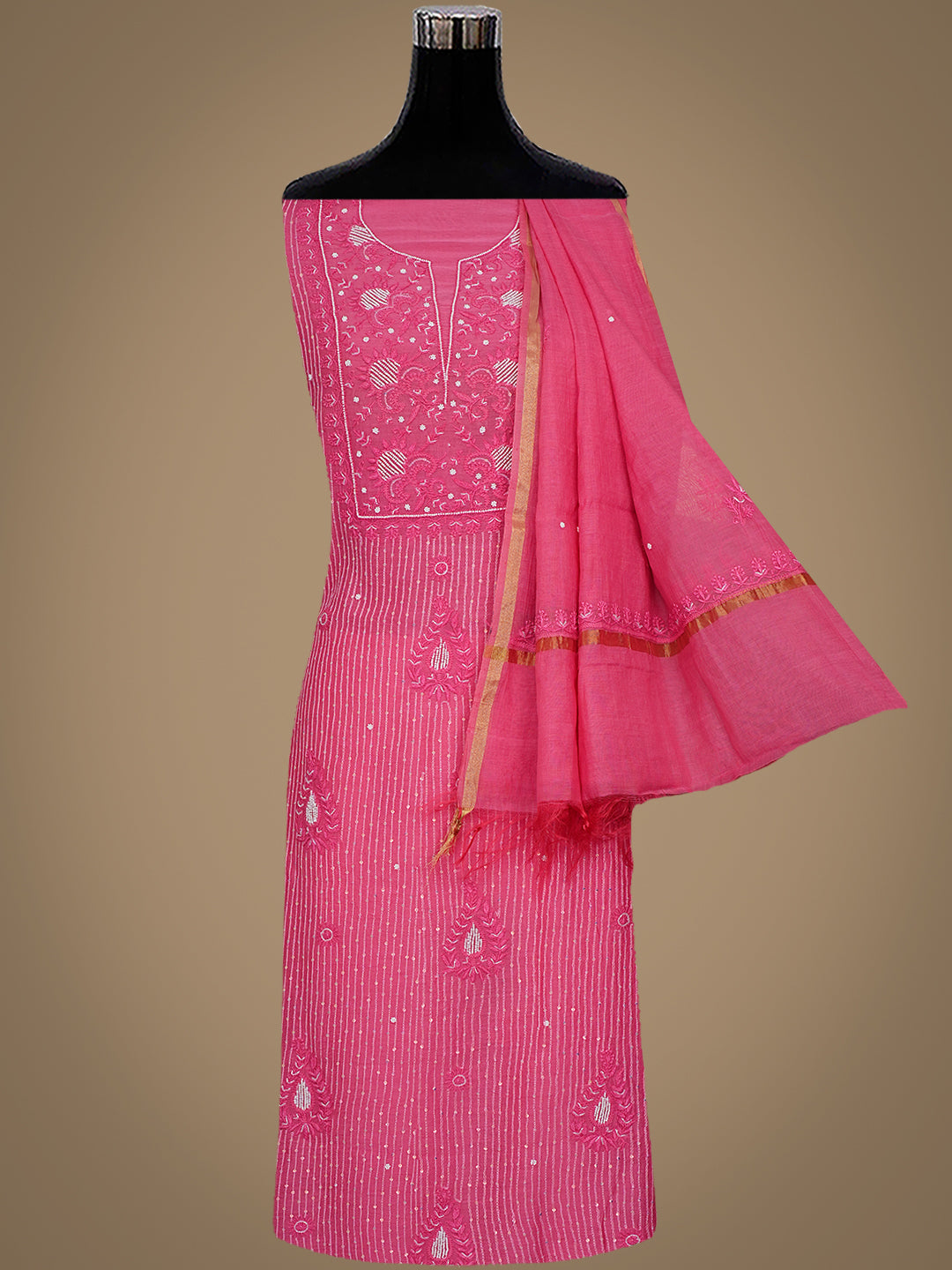 Ada Hand Embroidered Pink Chanderi Lucknowi Chikankari Unstitched Kurta Dupatta Set With Pearl Work 01A785436