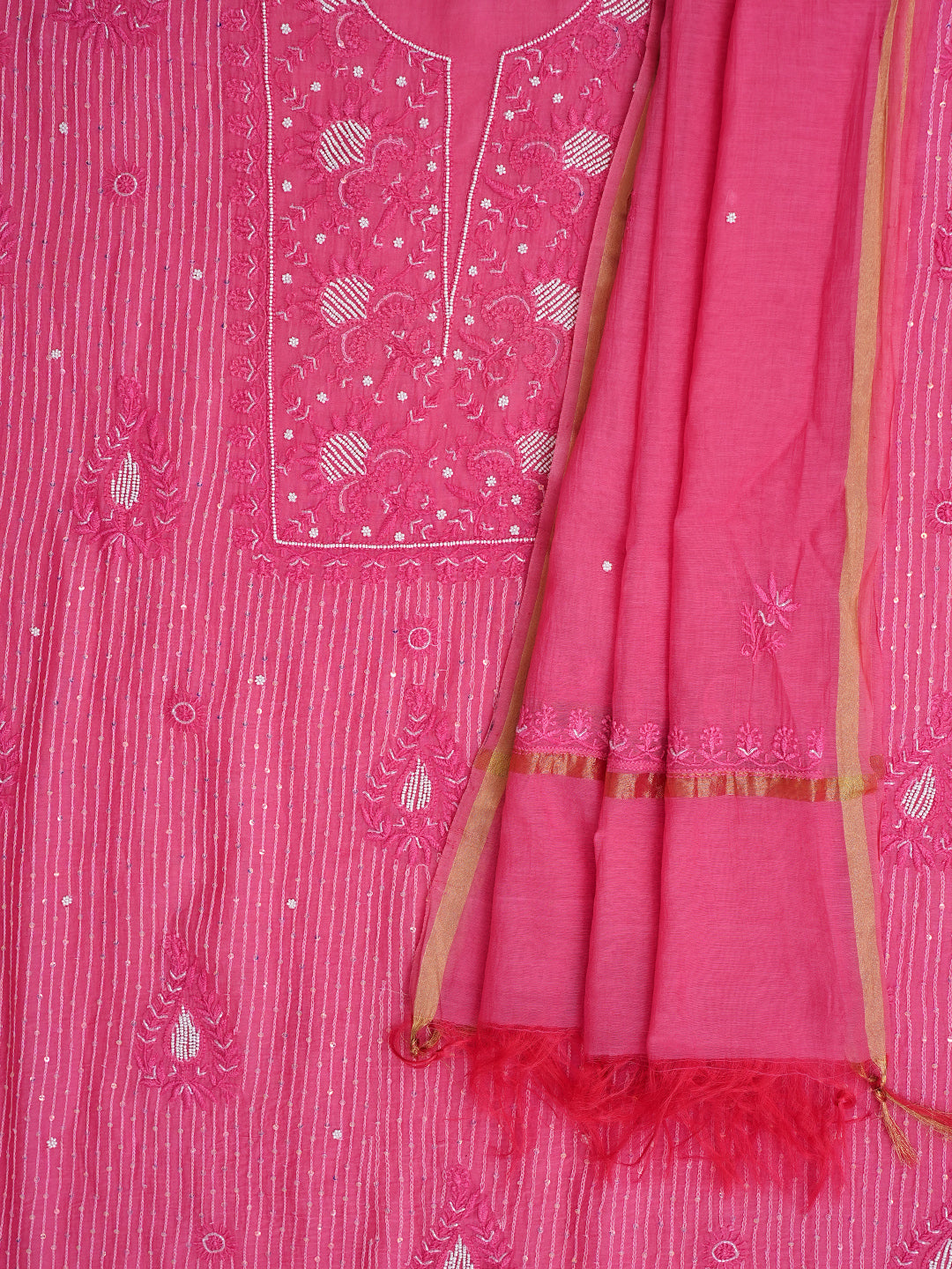 Ada Hand Embroidered Pink Chanderi Lucknowi Chikankari Unstitched Kurta Dupatta Set With Pearl Work 01A785436