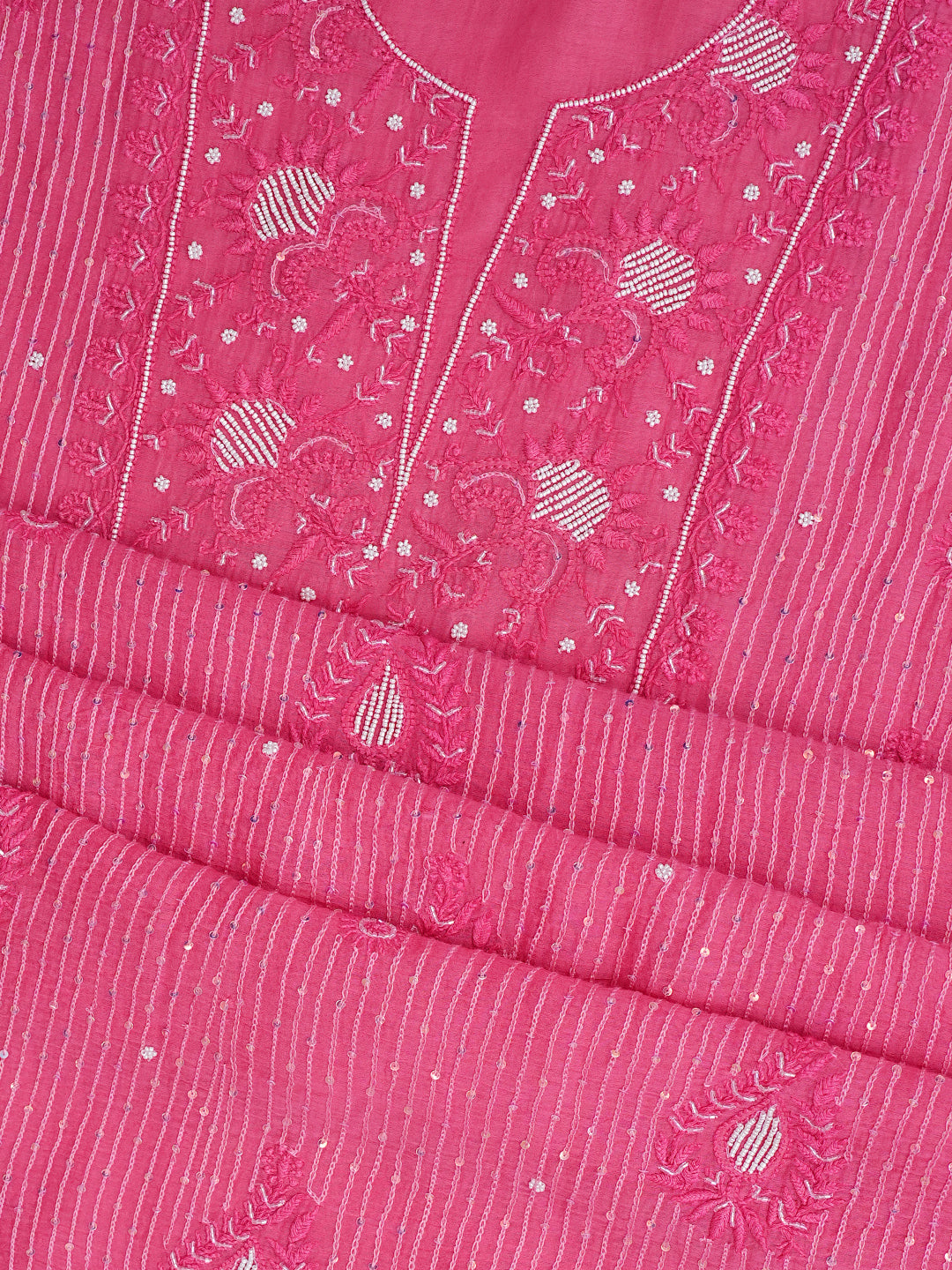 Ada Hand Embroidered Pink Chanderi Lucknowi Chikankari Unstitched Kurta Dupatta Set With Pearl Work 01A785436