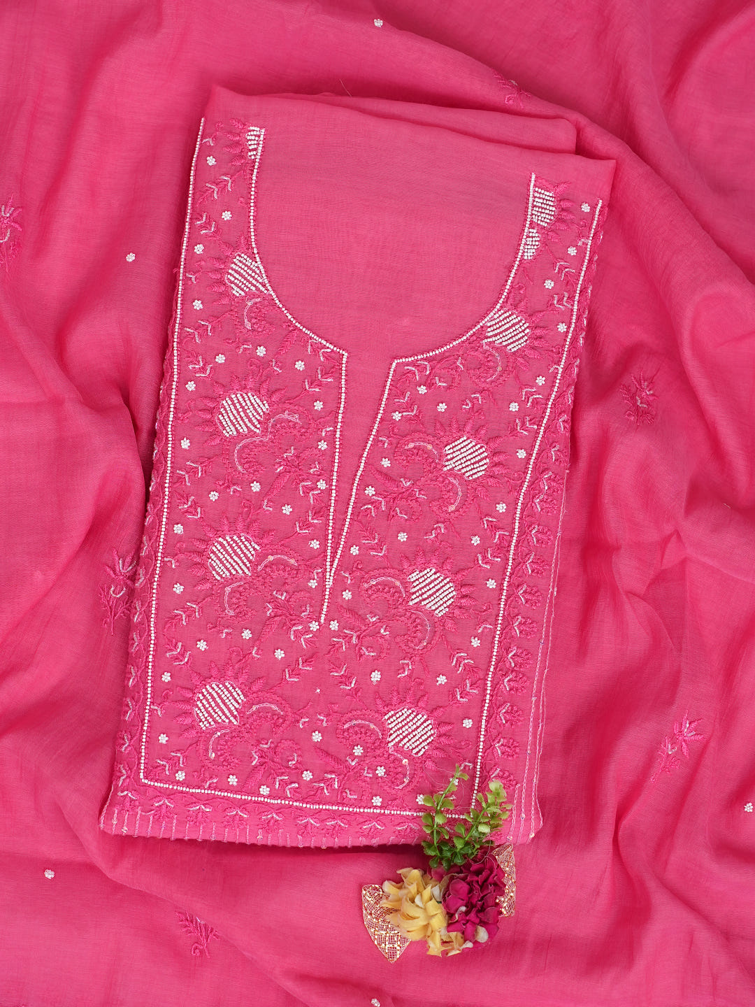Ada Hand Embroidered Pink Chanderi Lucknowi Chikankari Unstitched Kurta Dupatta Set With Pearl Work 01A785436