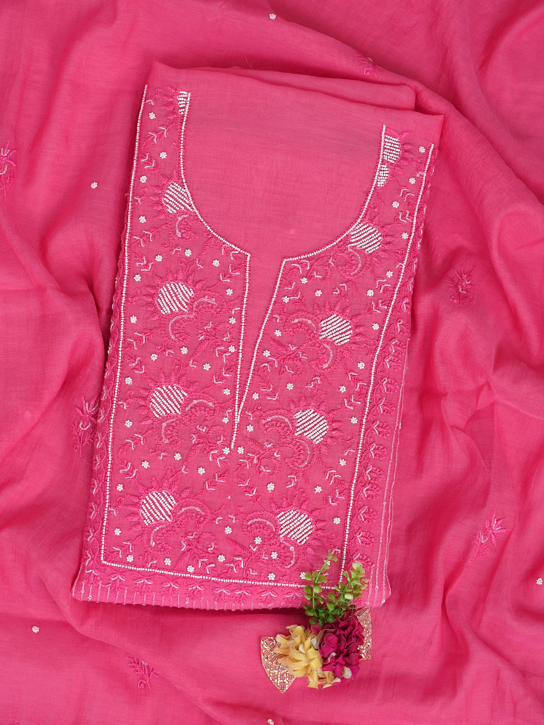 Ada Hand Embroidered Pink Chanderi Lucknowi Chikankari Unstitched Kurta Dupatta Set With Pearl Work 01A785436