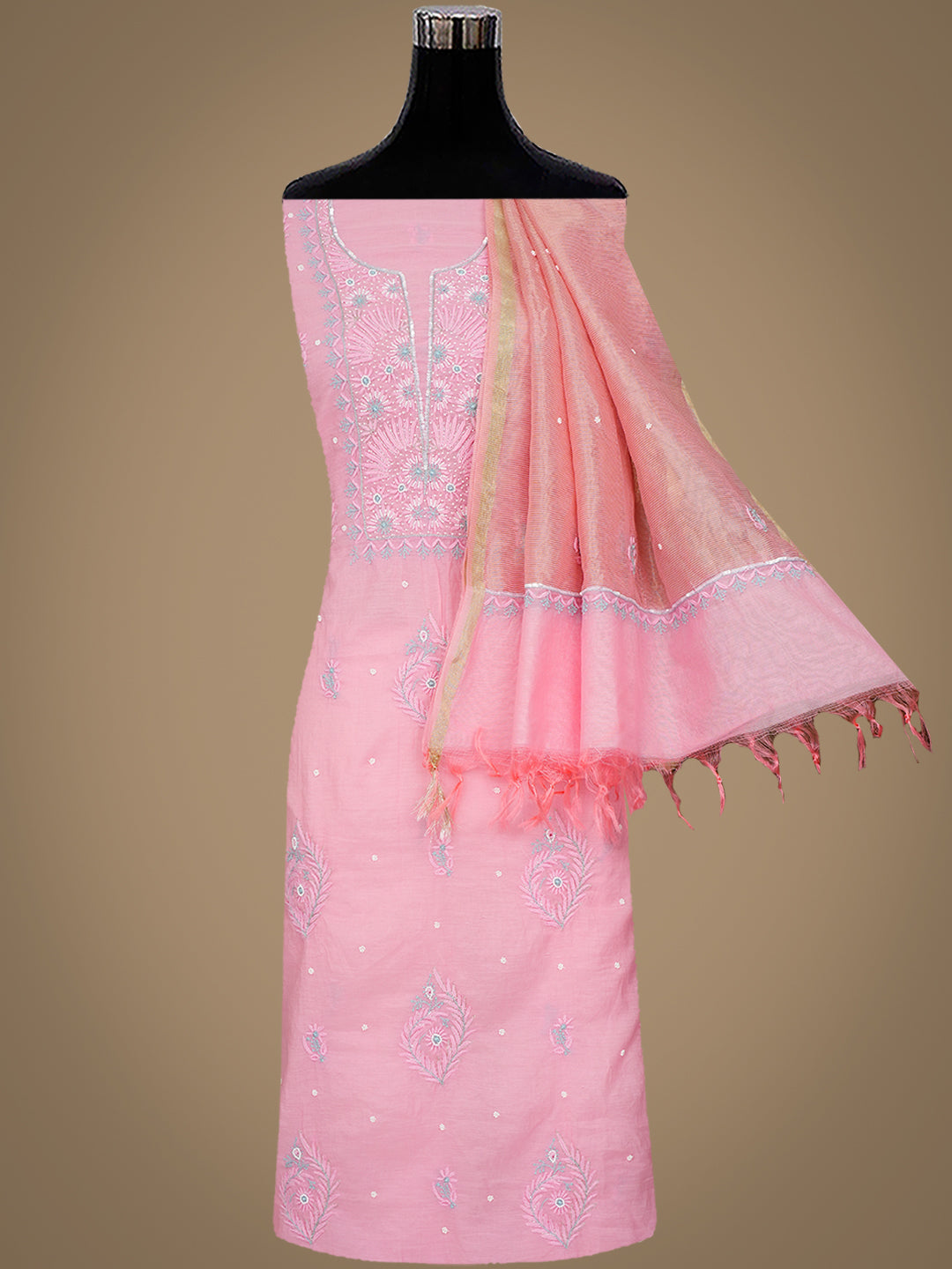 Ada Hand Embroidered Pink Chanderi Lucknowi Chikankari Unstitched Kurta Dupatta Set With Pearl Work 01A975427