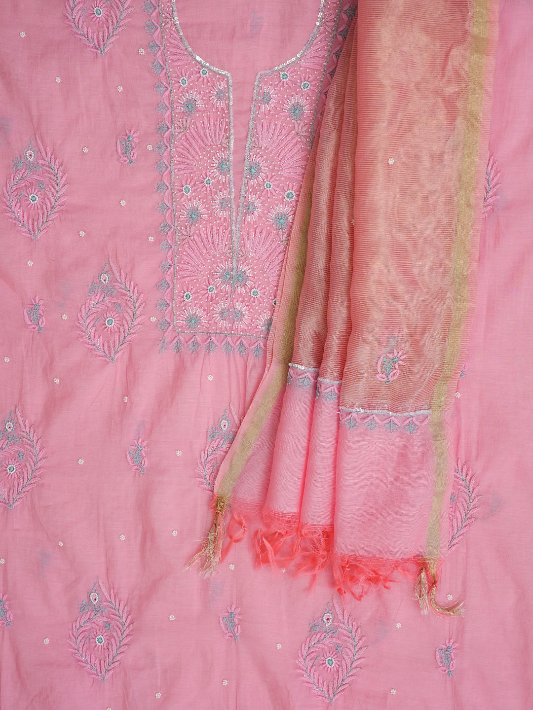 Ada Hand Embroidered Pink Chanderi Lucknowi Chikankari Unstitched Kurta Dupatta Set With Pearl Work 01A975427
