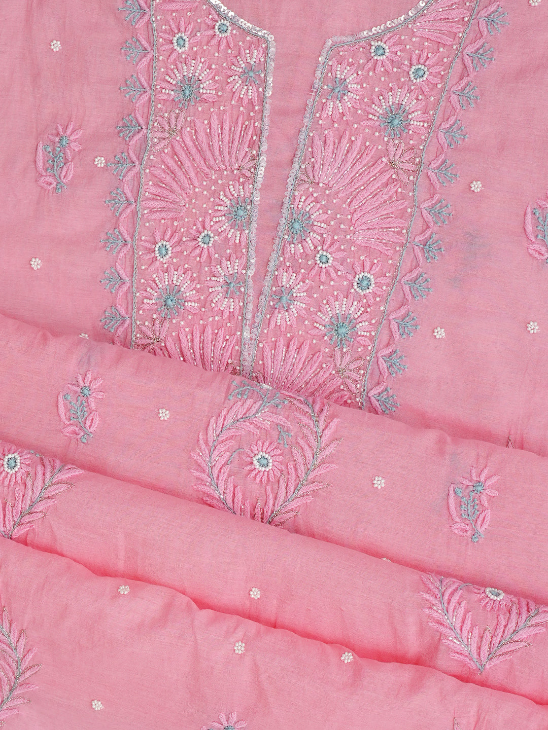 Ada Hand Embroidered Pink Chanderi Lucknowi Chikankari Unstitched Kurta Dupatta Set With Pearl Work 01A975427