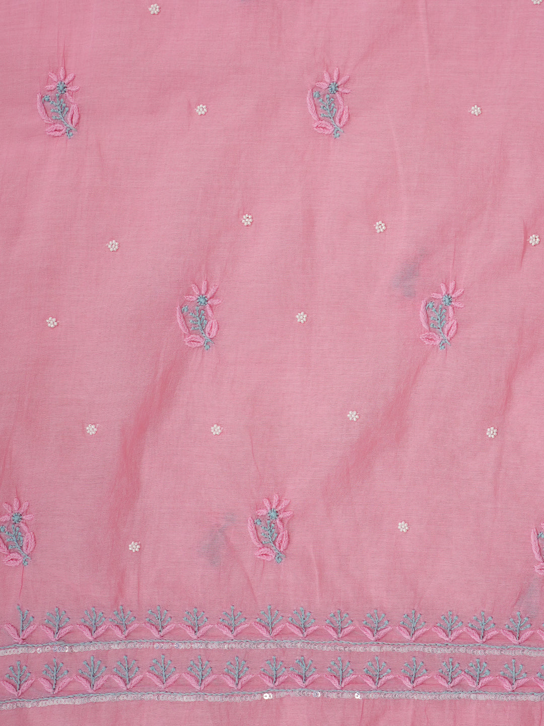 Ada Hand Embroidered Pink Chanderi Lucknowi Chikankari Unstitched Kurta Dupatta Set With Pearl Work 01A975427