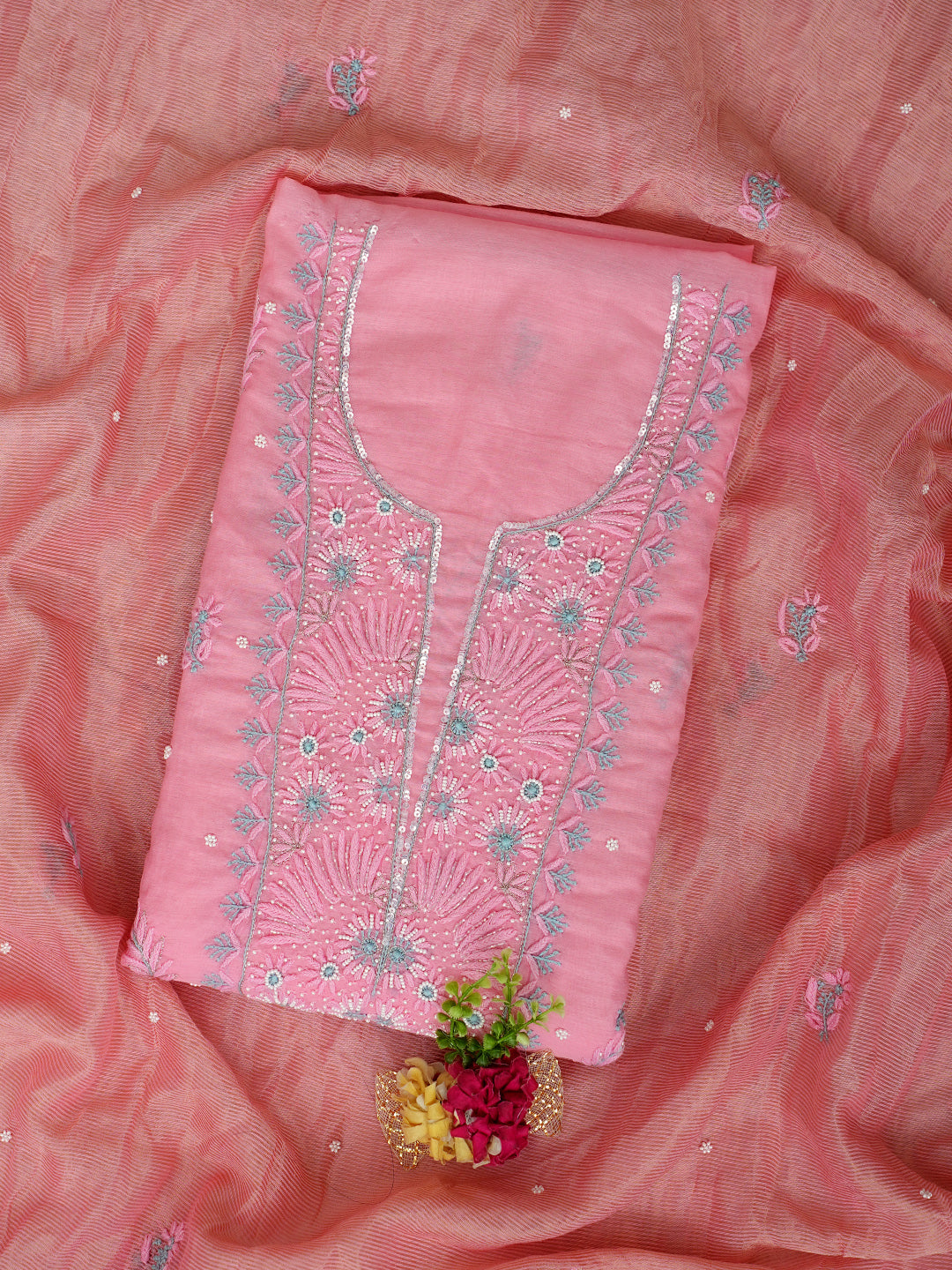 Ada Hand Embroidered Pink Chanderi Lucknowi Chikankari Unstitched Kurta Dupatta Set With Pearl Work 01A975427