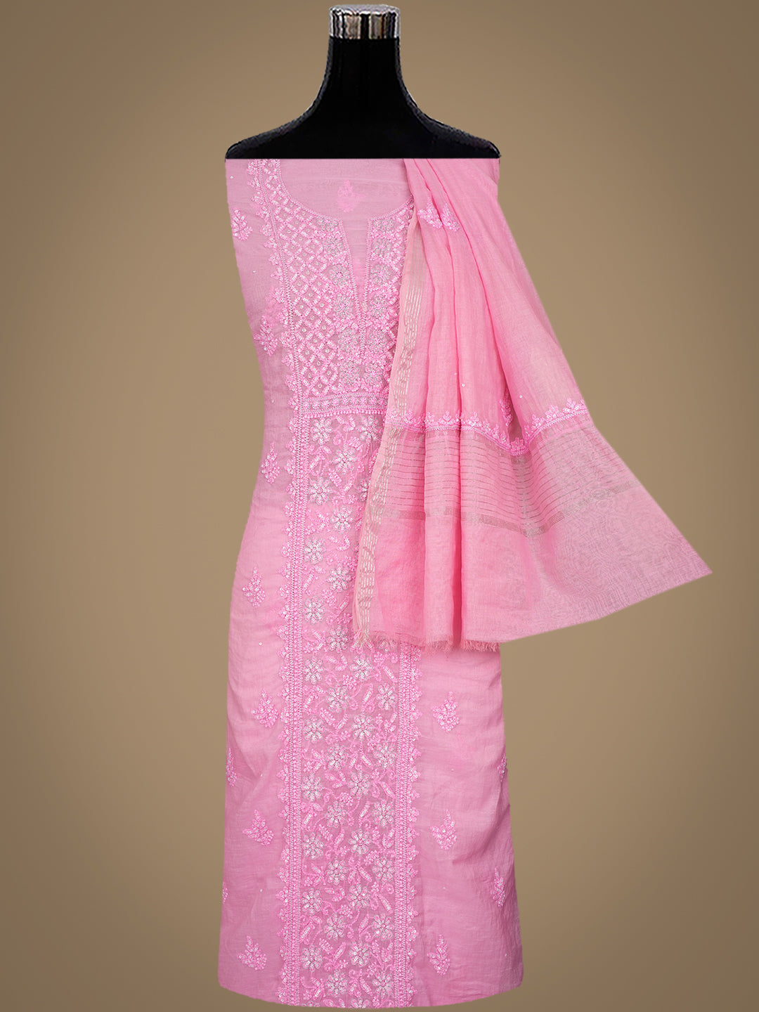 Ada Hand Embroidered Pink Chanderi Lucknowi Chikankari Unstitched Kurta Dupatta Set With Sequinned Work 01A699606