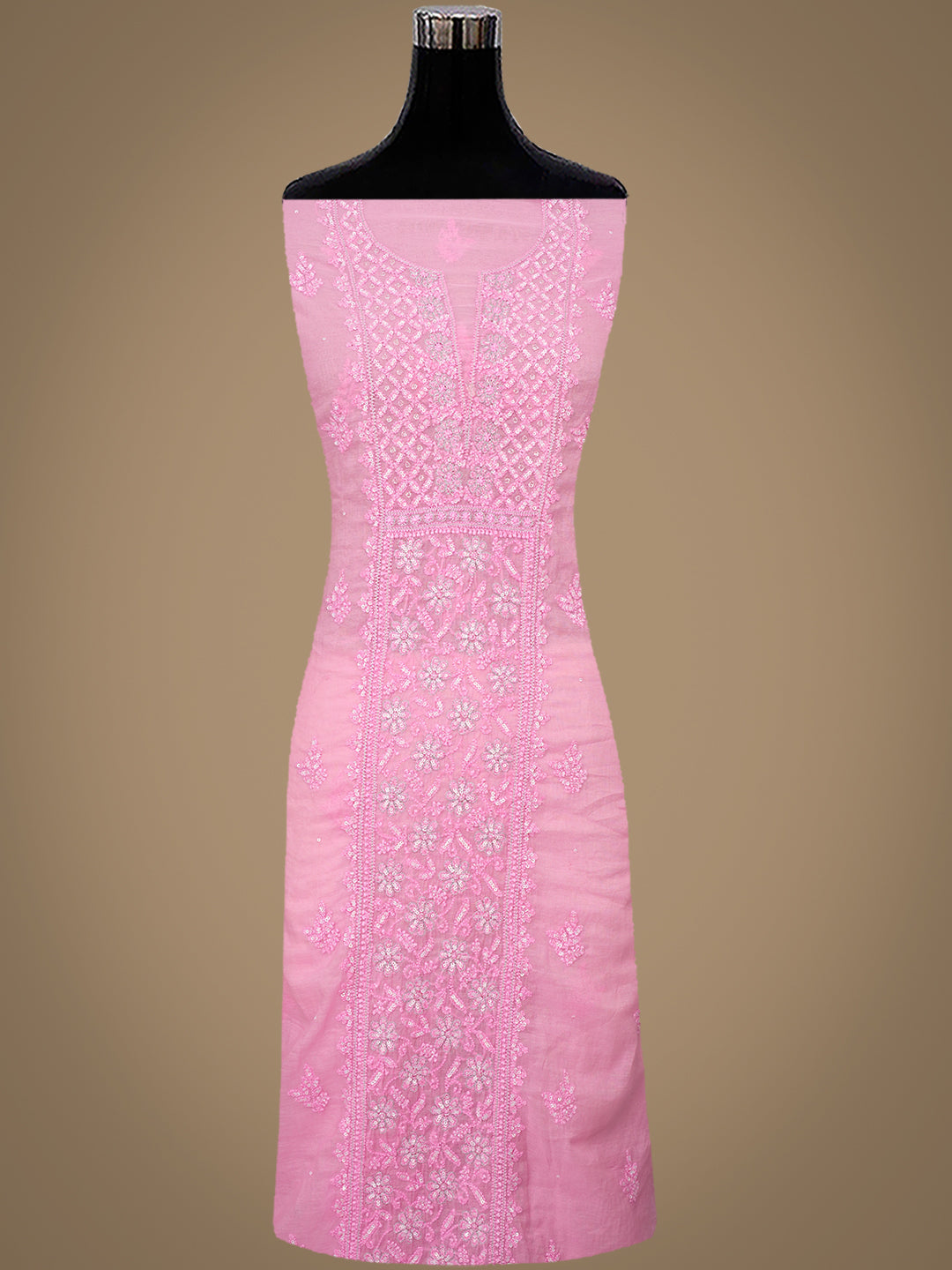 Ada Hand Embroidered Pink Chanderi Lucknowi Chikankari Unstitched Kurta Dupatta Set With Sequinned Work 01A699606