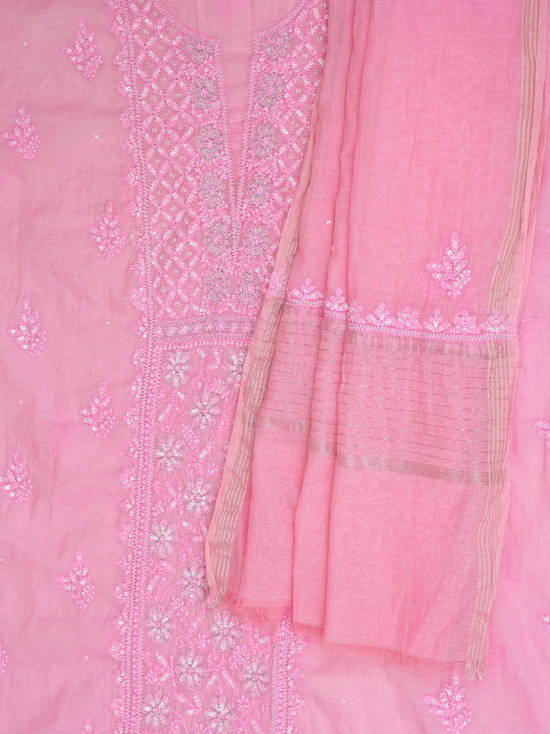 Ada Hand Embroidered Pink Chanderi Lucknowi Chikankari Unstitched Kurta Dupatta Set With Sequinned Work 01A699606