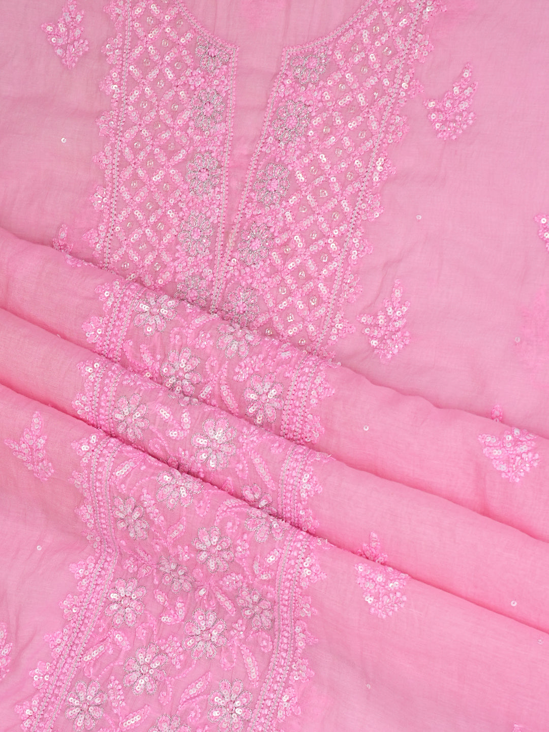 Ada Hand Embroidered Pink Chanderi Lucknowi Chikankari Unstitched Kurta Dupatta Set With Sequinned Work 01A699606