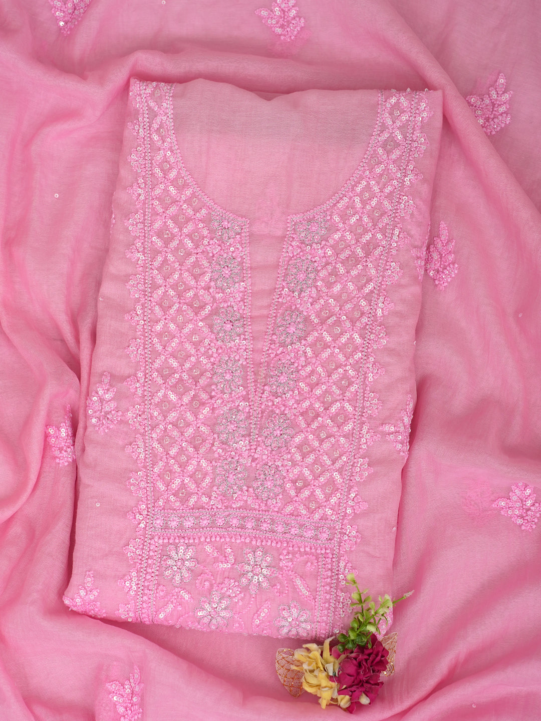 Ada Hand Embroidered Pink Chanderi Lucknowi Chikankari Unstitched Kurta Dupatta Set With Sequinned Work 01A699606