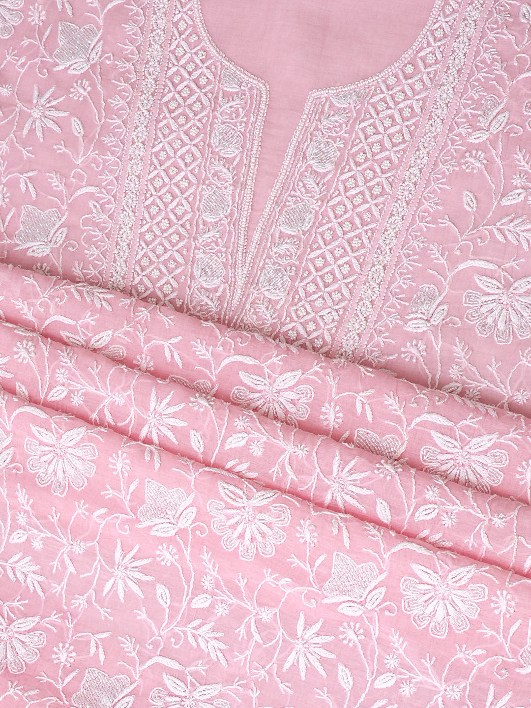 Ada Hand Embroidered Pink Chanderi Lucknowi Chikankari Unstitched Kurta Dupatta Set With Sequinned Work 01A772942