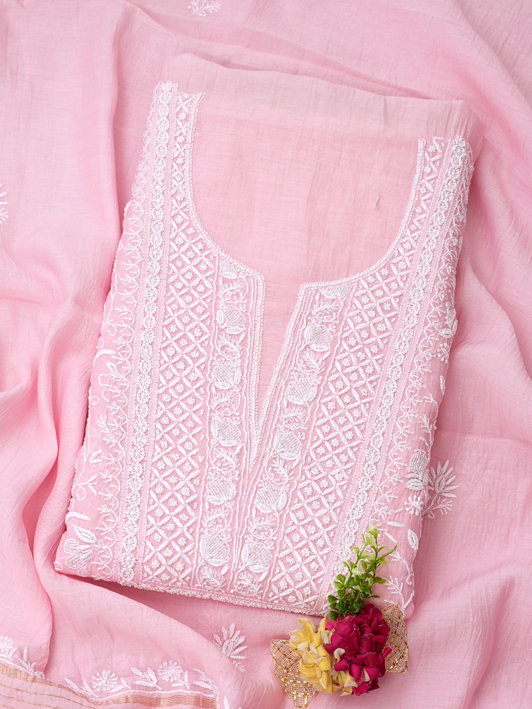 Ada Hand Embroidered Pink Chanderi Lucknowi Chikankari Unstitched Kurta Dupatta Set With Sequinned Work 01A772942