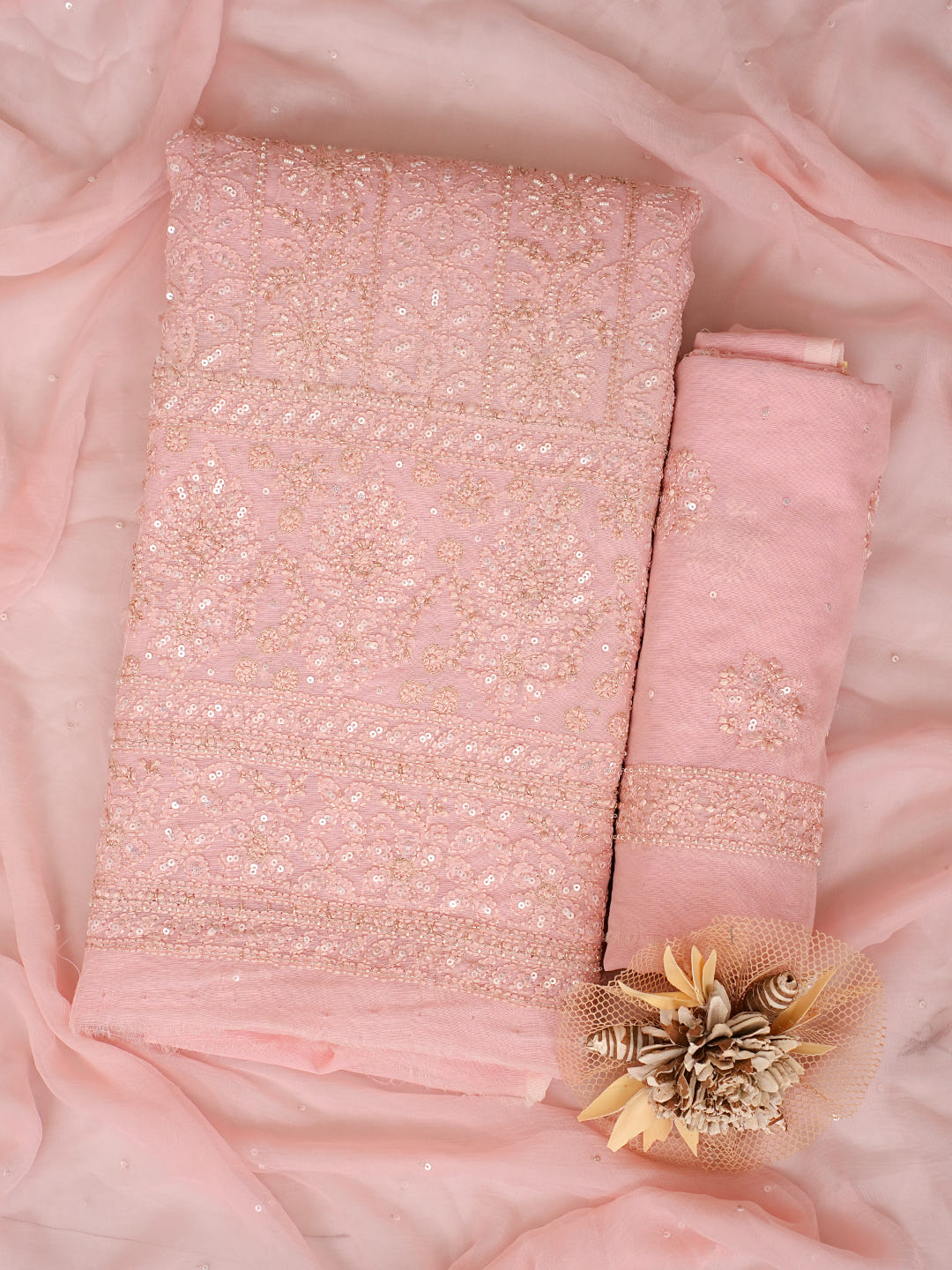Ada Hand Embroidered Pink Chanderi Lucknowi Chikankari Unstitched Suit Piece With Cutdana Work 01A406030_1