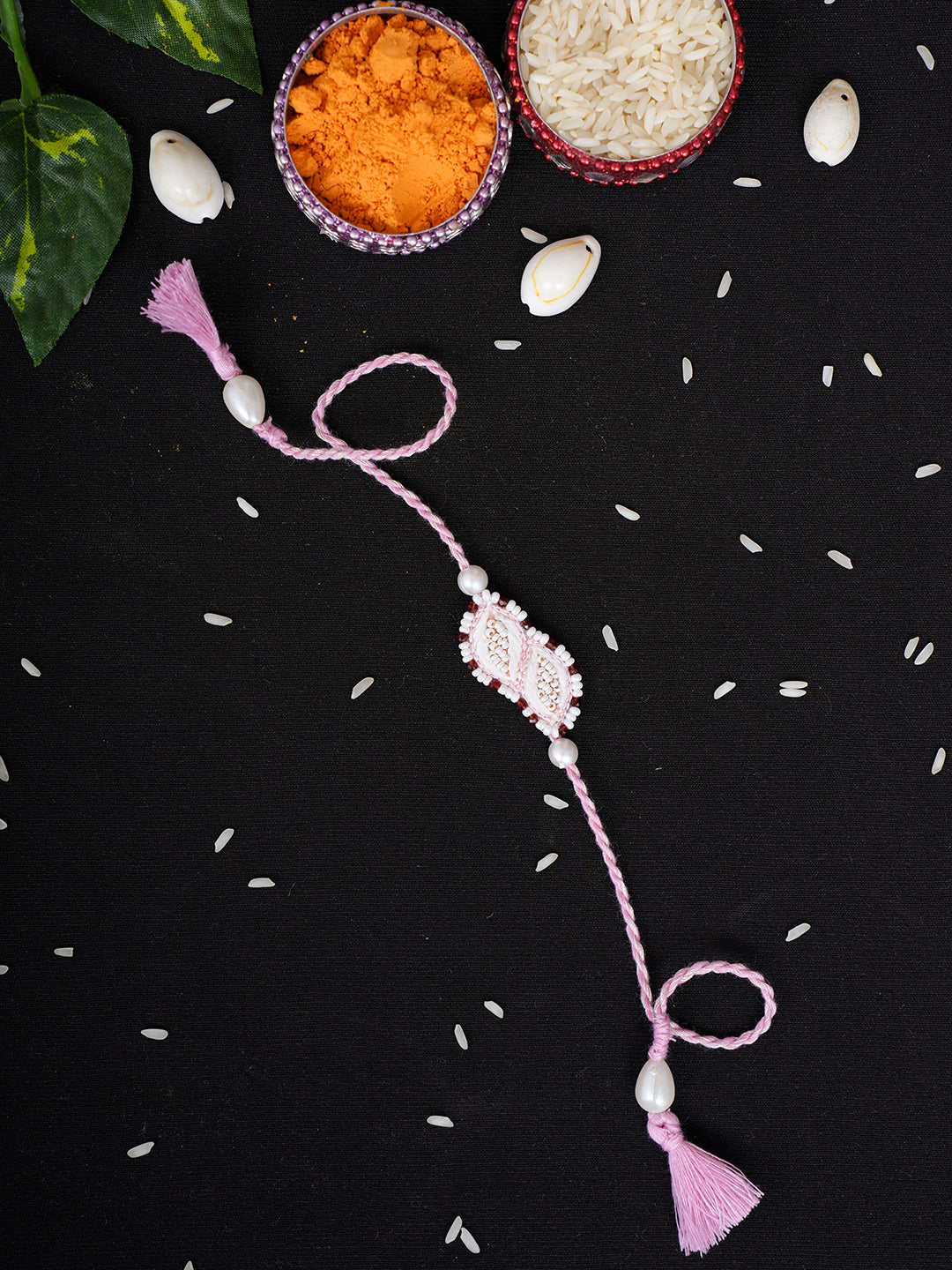 Ada Hand Embroidered Pink Chanderi Raksha Sutra Rakhi With Pearl Work_1