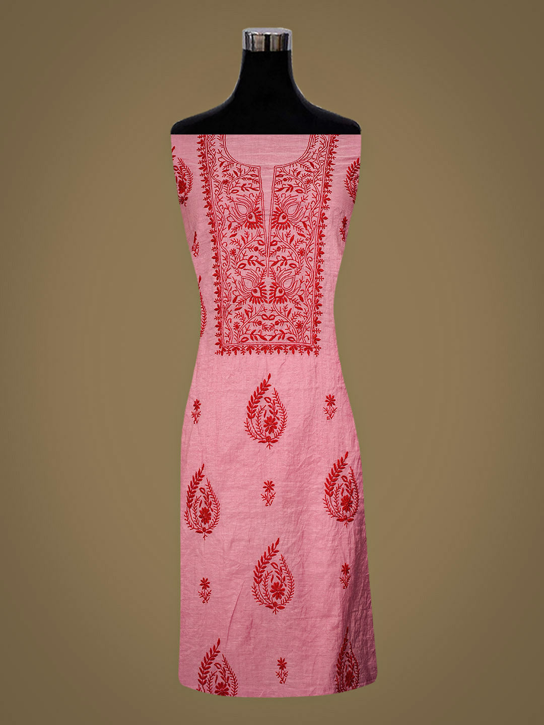 Ada Hand Embroidered Pink Chanderi Unstitched Lucknowi Chikankari Kurta Dupatta Set 01A948047
