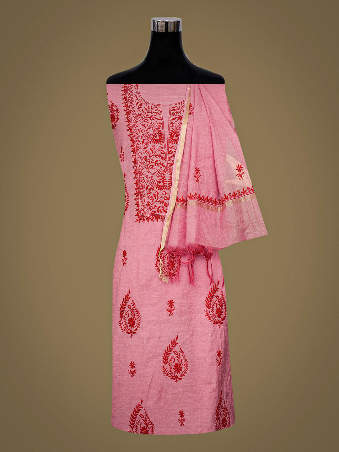 Ada Hand Embroidered Pink Chanderi Unstitched Lucknowi Chikankari Kurta Dupatta 01A948047