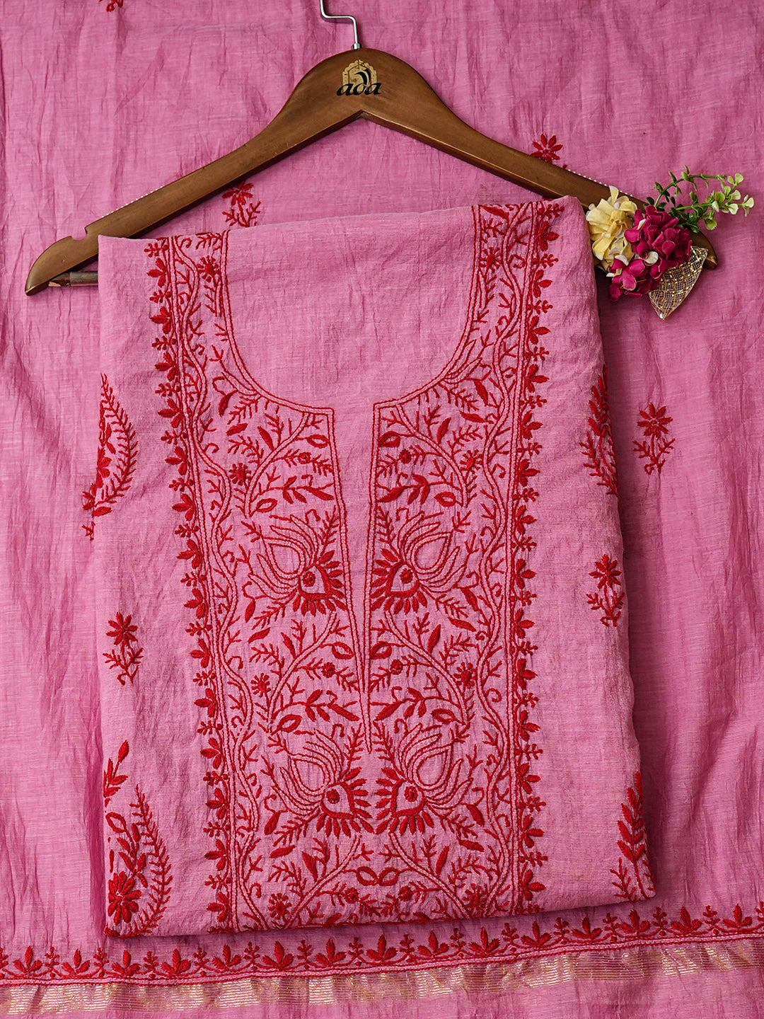 Ada Hand Embroidered Pink Chanderi Unstitched Lucknowi Chikankari Kurta Dupatta 01A948047