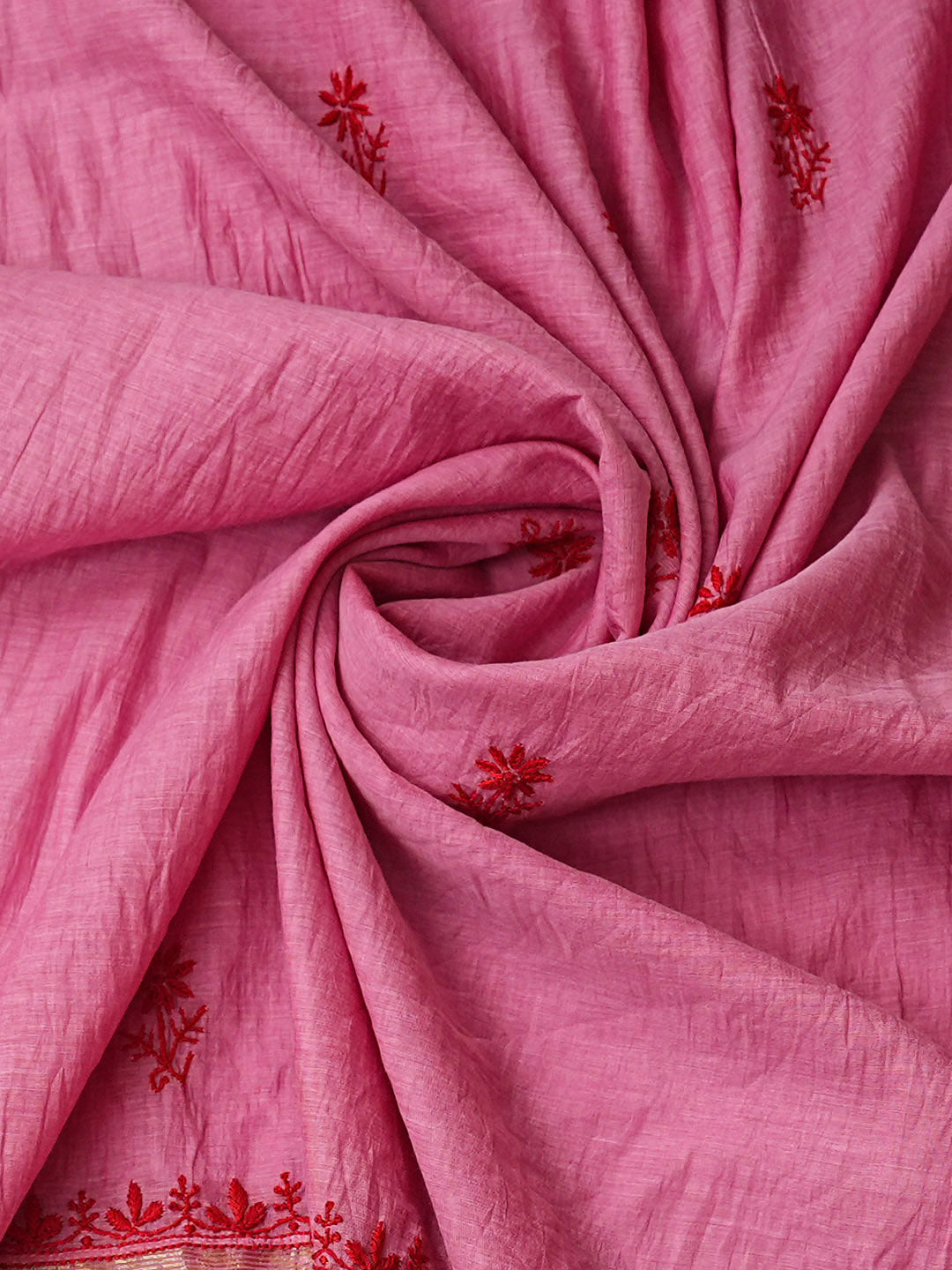 Ada Hand Embroidered Pink Chanderi Unstitched Lucknowi Chikankari Kurta Dupatta Set 01A948047