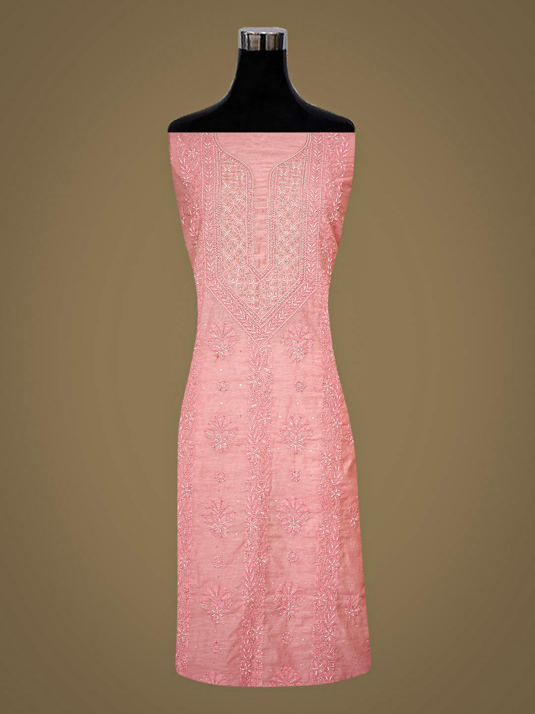 Ada Hand Embroidered Pink Chanderi Unstitched Lucknowi Chikankari Kurta Dupatta Set With Zari Taar 01A890069