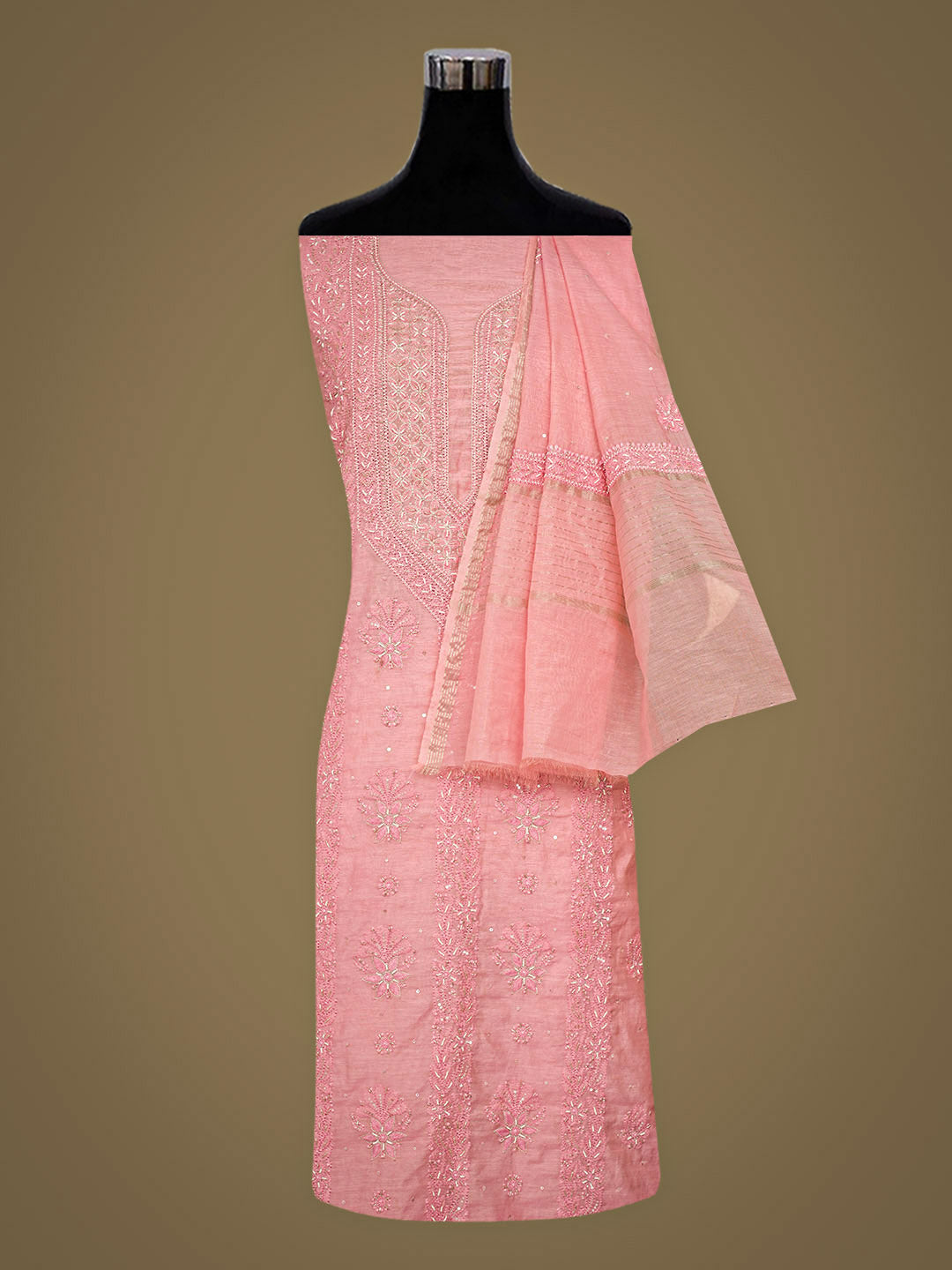 Ada Hand Embroidered Pink Chanderi Unstitched Lucknowi Chikankari Kurta Dupatta With Zari Taar 01A890069