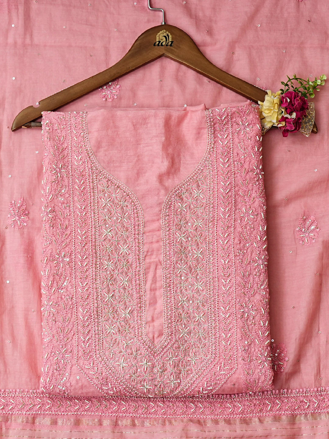 Ada Hand Embroidered Pink Chanderi Unstitched Lucknowi Chikankari Kurta Dupatta With Zari Taar 01A890069