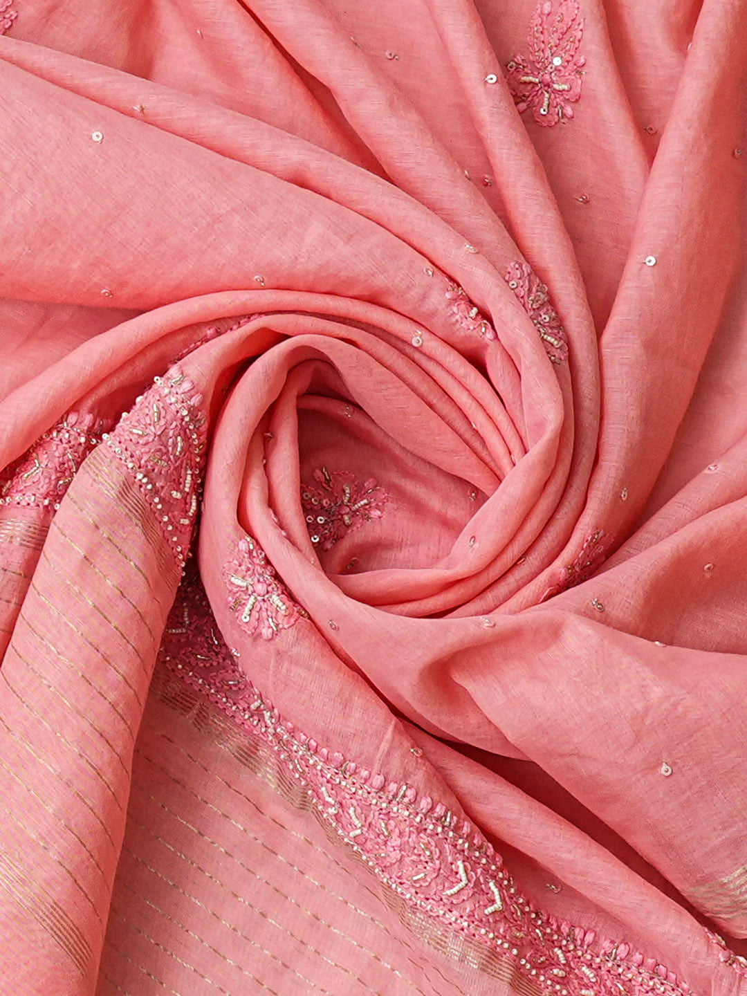 Ada Hand Embroidered Pink Chanderi Unstitched Lucknowi Chikankari Kurta Dupatta Set With Zari Taar 01A890069