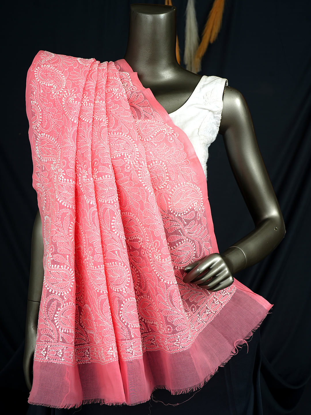 Ada Hand Embroidered Pink Cotton Lucknowi Chikankari Dupatta 01A995722