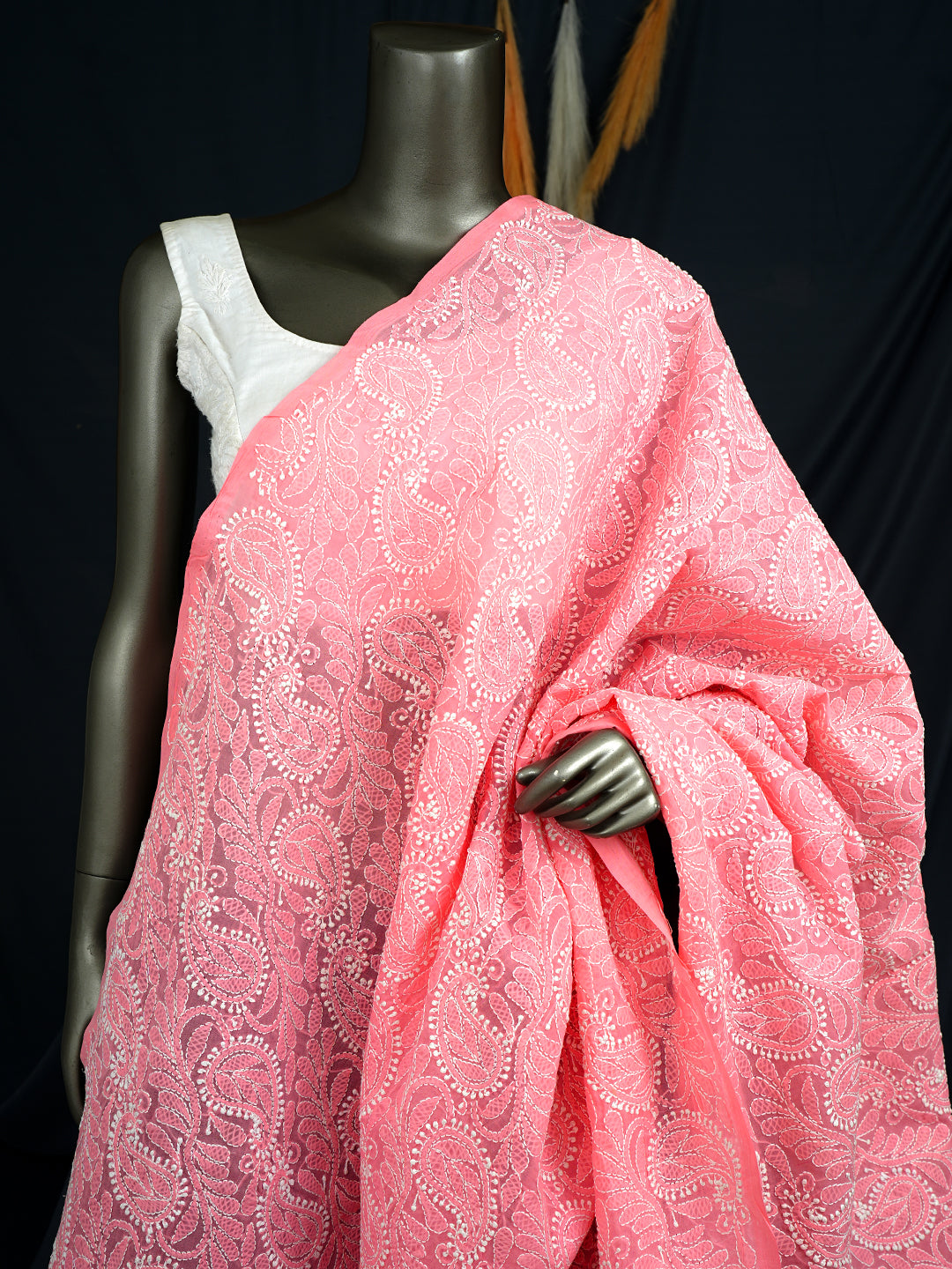 Ada Hand Embroidered Pink Cotton Lucknowi Chikankari Dupatta 01A995722