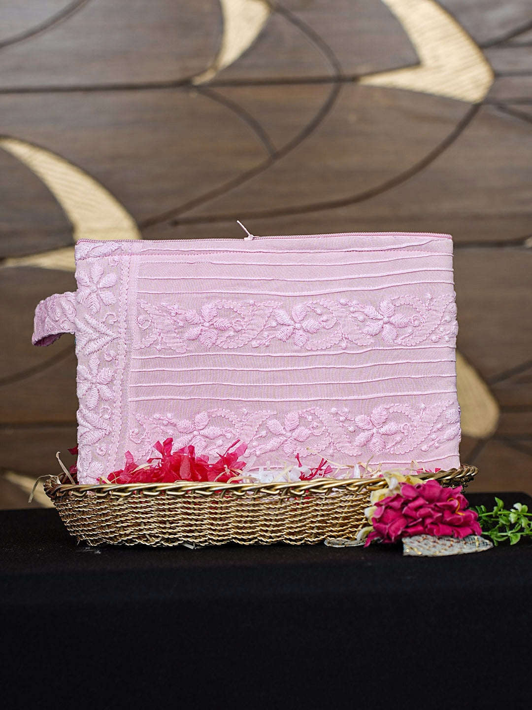 Ada Hand Embroidered Pink Georgette Lucknowi Chikankari Pouch 01A922760