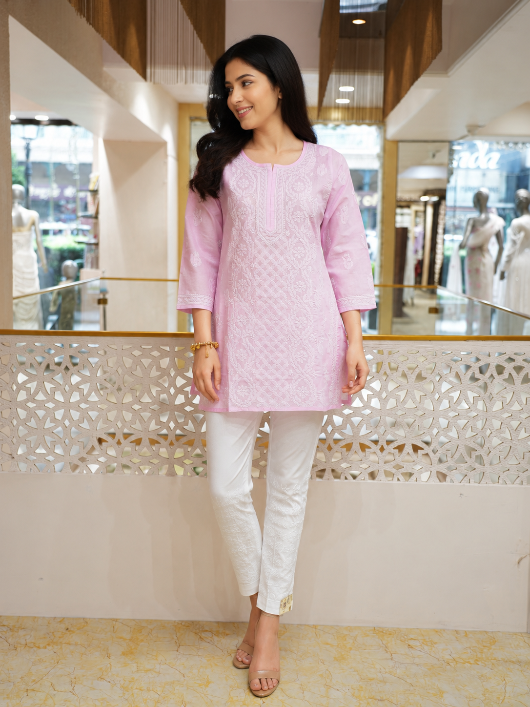 Ada Hand Embroidered Pink Cotton Lucknowi Chikankari Short Kurti A911601_1