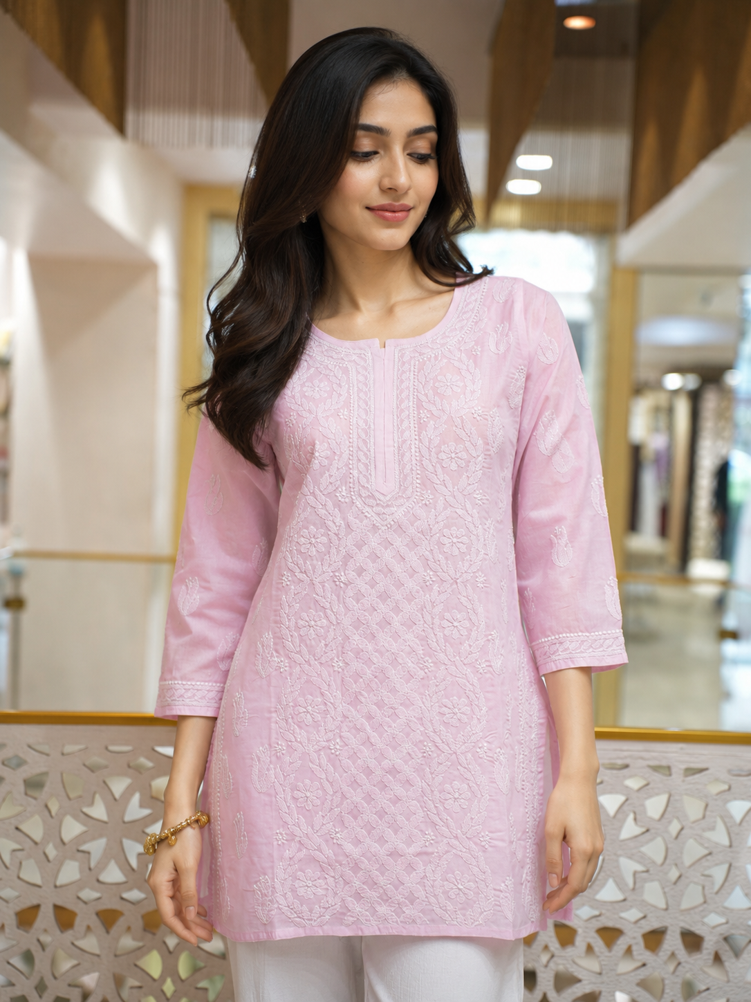 Ada Hand Embroidered Pink Cotton Lucknowi Chikankari Short Kurti A911601_4