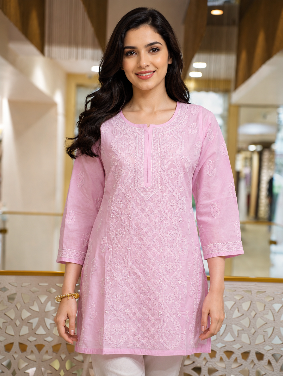 Ada Hand Embroidered Pink Cotton Lucknowi Chikankari Short Kurti A911601_5