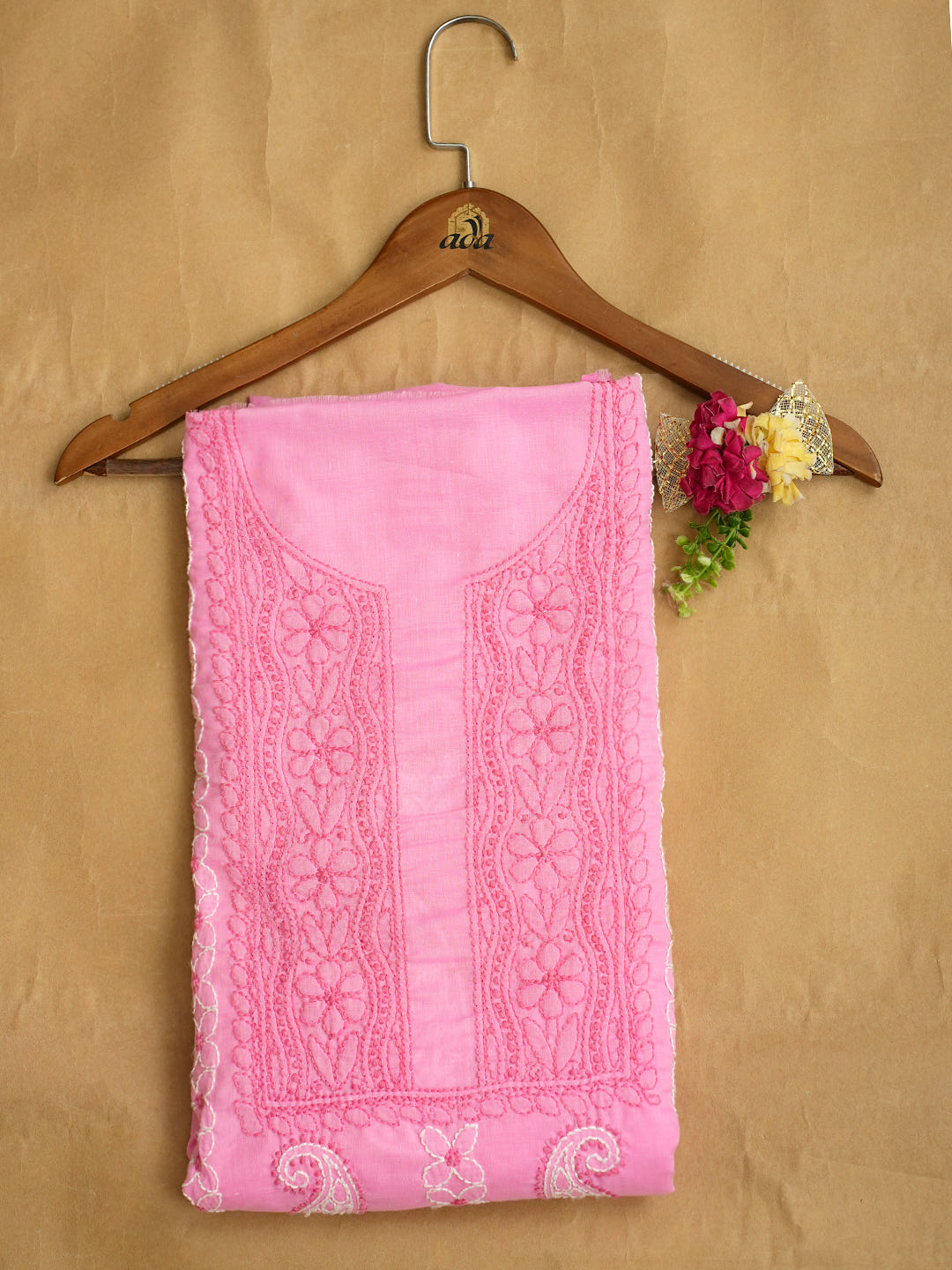 Ada Hand Embroidered Pink Cotton Lucknowi Chikankari Unstitched Kurta 01A735414