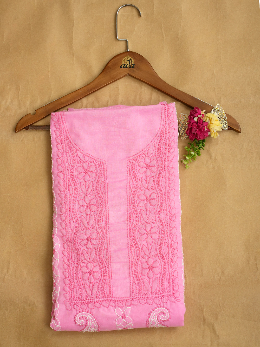 Ada Hand Embroidered Pink Cotton Lucknowi Chikankari Unstitched Kurta 01A735414