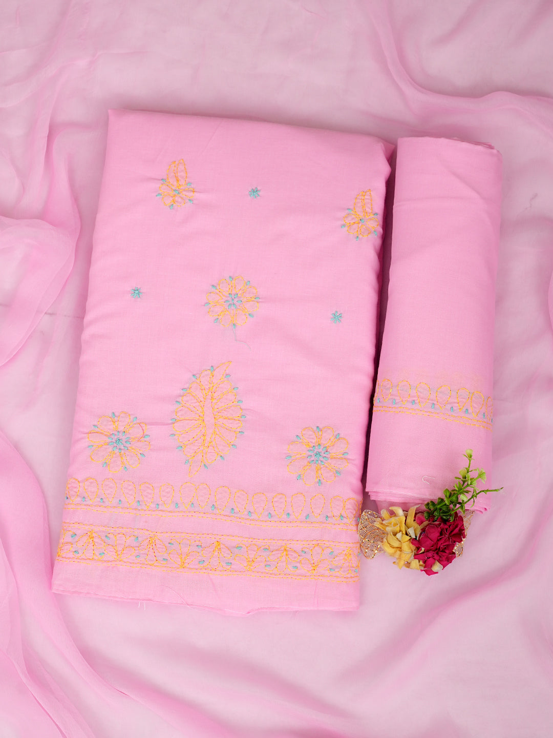 Ada Hand Embroidered Pink Cotton Lucknowi Chikankari Unstitched Suit Piece 01A818717