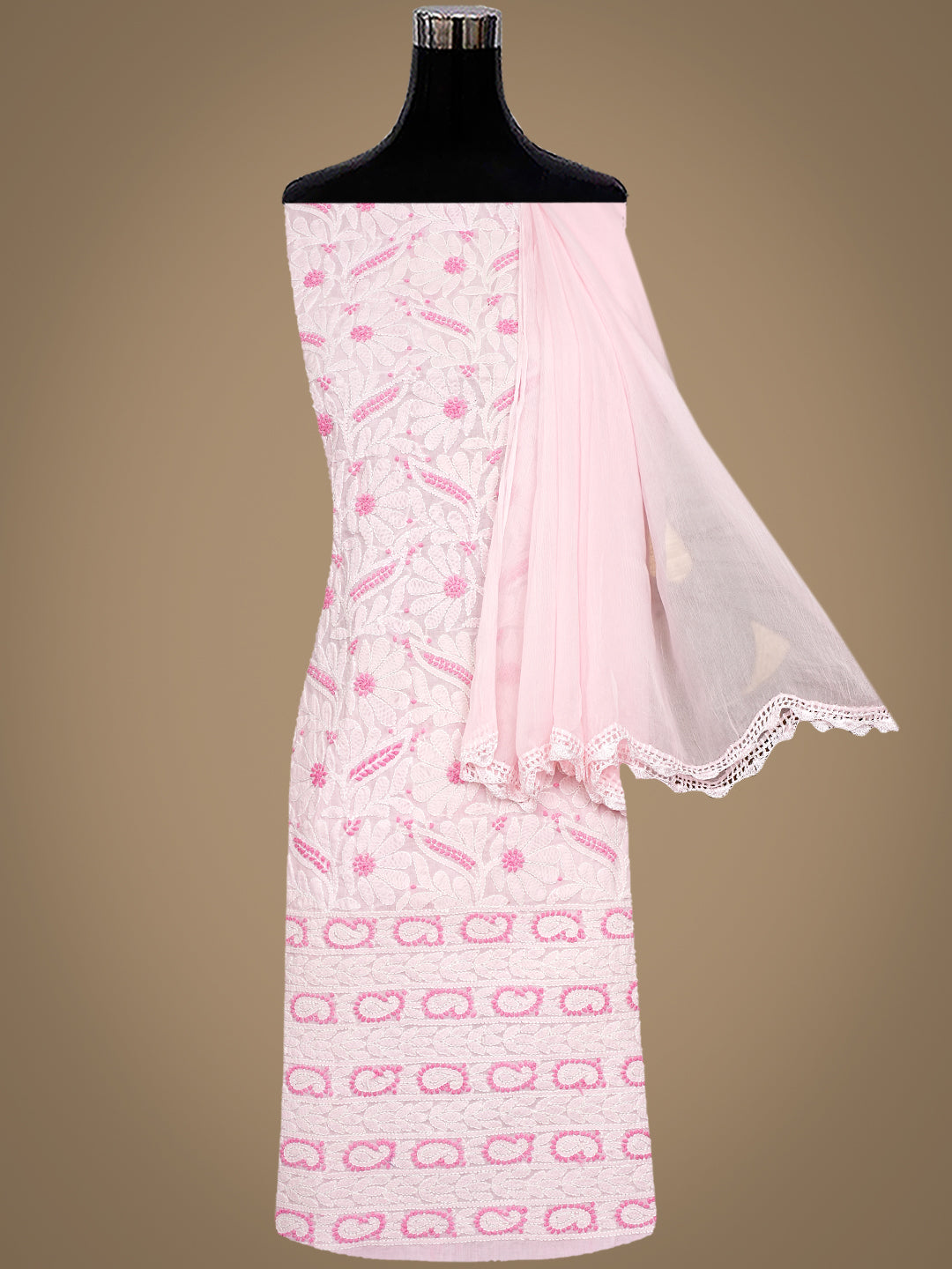 Ada Hand Embroidered Pink Cotton Lucknowi Chikankari Unstitched Suit Set With Chiffon Dupatta 01A986956