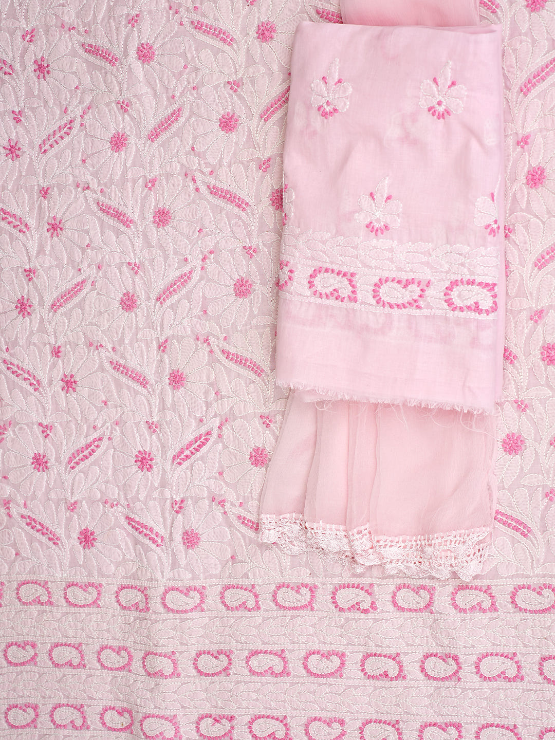 Ada Hand Embroidered Pink Cotton Lucknowi Chikankari Unstitched Suit Set With Chiffon Dupatta 01A986956