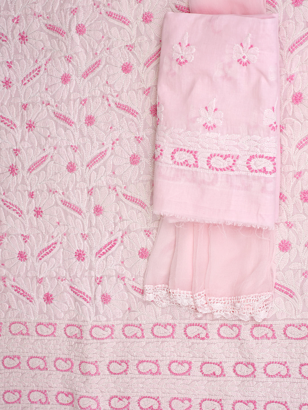 Ada Hand Embroidered Pink Cotton Lucknowi Chikankari Unstitched Suit Set With Chiffon Dupatta 01A986956