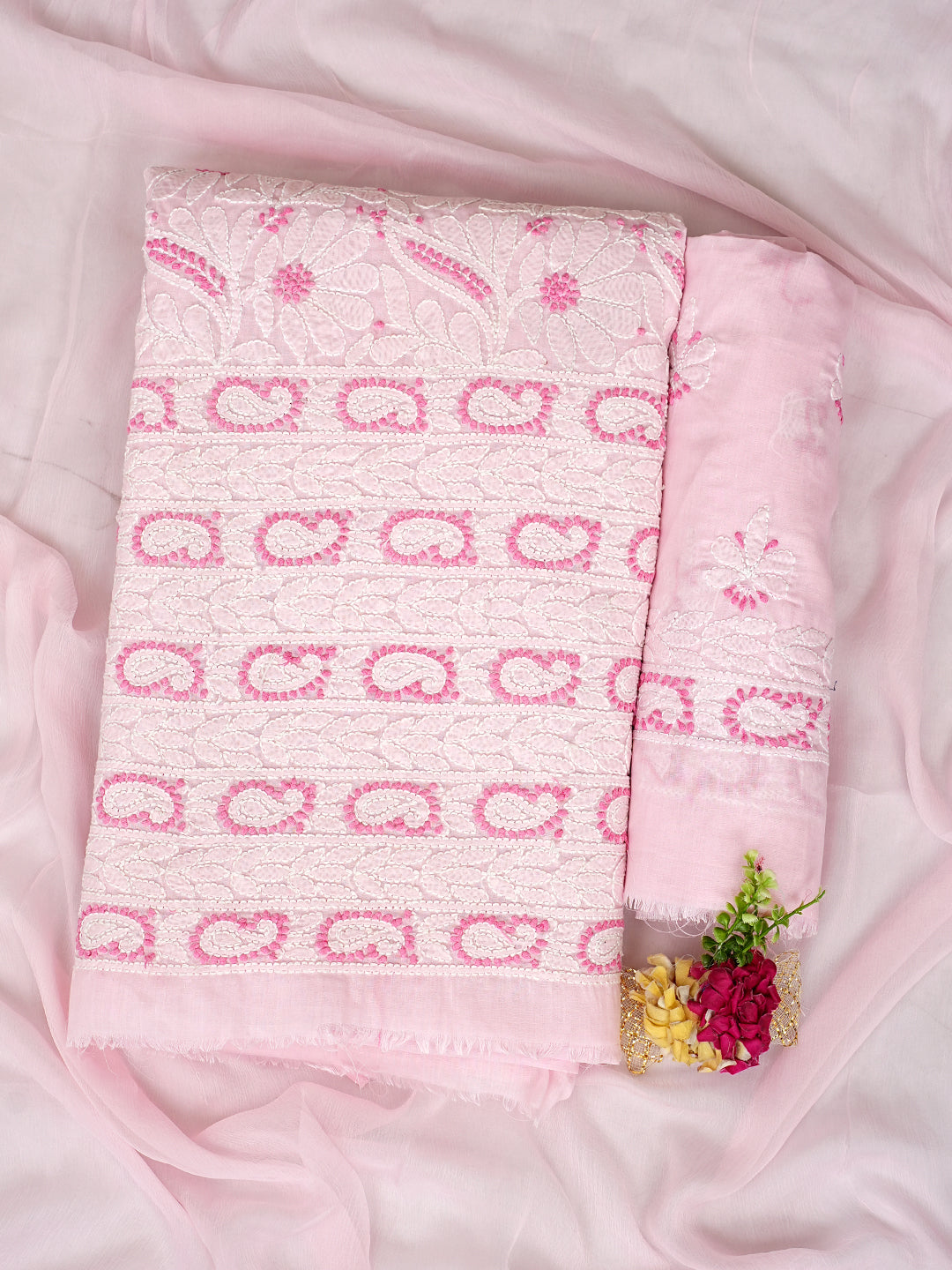 Ada Hand Embroidered Pink Cotton Lucknowi Chikankari Unstitched Suit Set With Chiffon Dupatta 01A986956