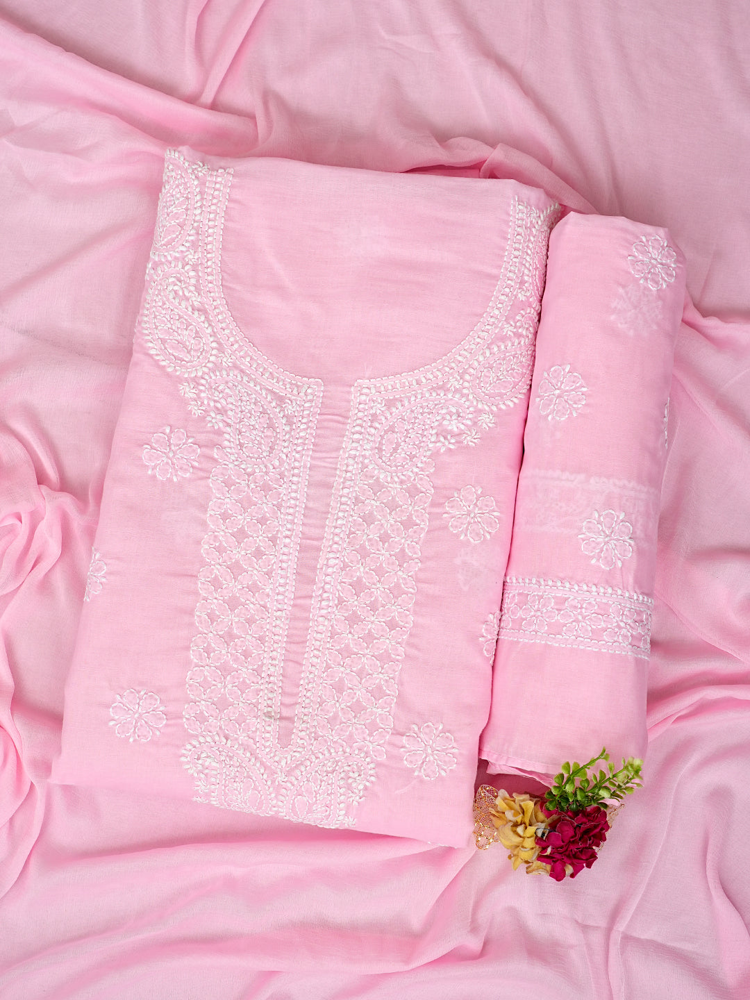 Ada Hand Embroidered Pink Cotton Lucknowi Chikankari Unstitched Suit Piece 01A992338