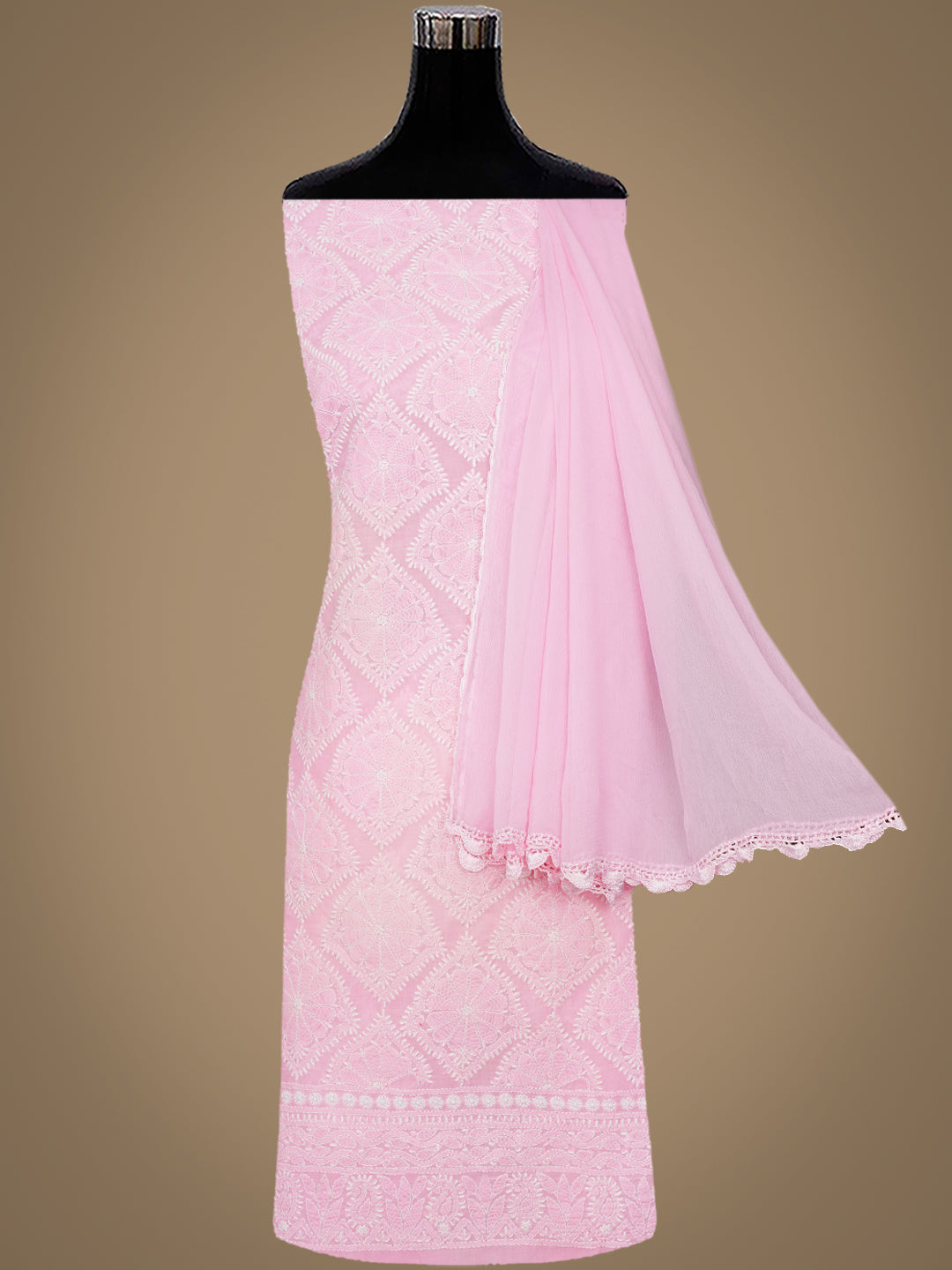 Ada Hand Embroidered Pink Cotton Lucknowi Chikankari Unstitched Suit Piece With Chiffon Dupatta 01A363015