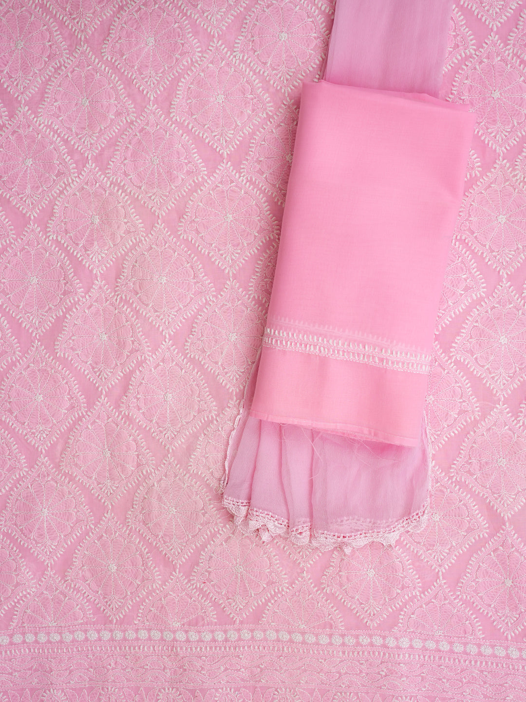Ada Hand Embroidered Pink Cotton Lucknowi Chikankari Unstitched Suit Piece With Chiffon Dupatta 01A363015