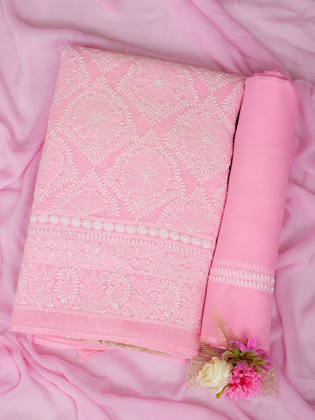 Ada Hand Embroidered Pink Cotton Lucknowi Chikankari Unstitched Suit Piece With Chiffon Dupatta 01A363015