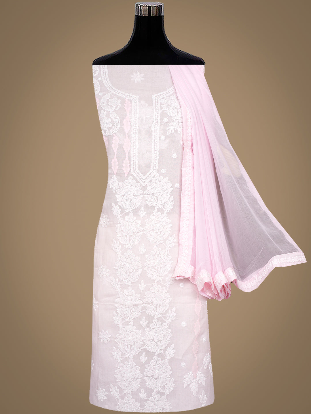 Ada Hand Embroidered Pink Cotton Lucknowi Chikankari Unstitched Suit Piece With Chiffon Dupatta 01A981897