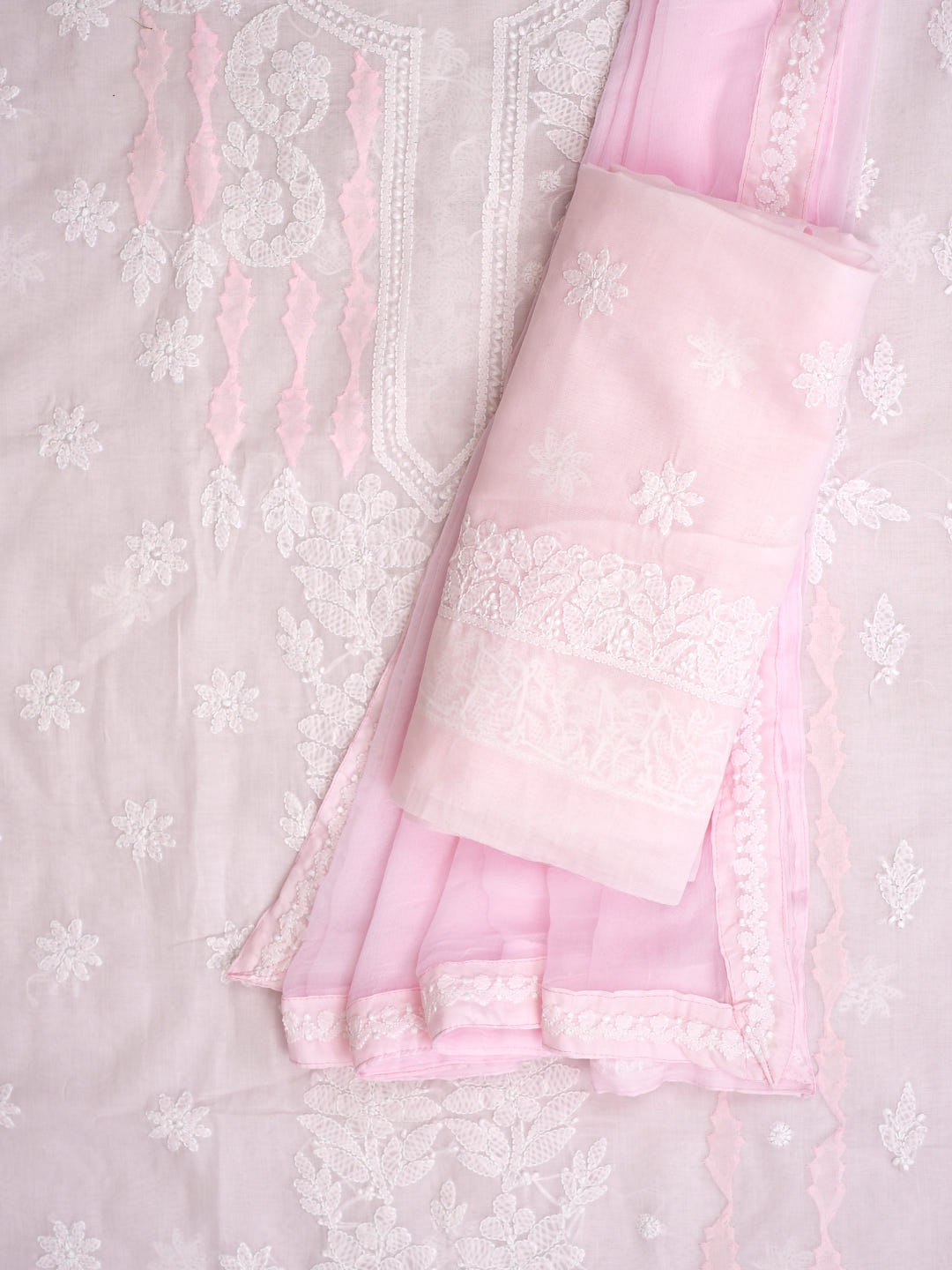 Ada Hand Embroidered Pink Cotton Lucknowi Chikankari Unstitched Suit Piece With Chiffon Dupatta 01A981897