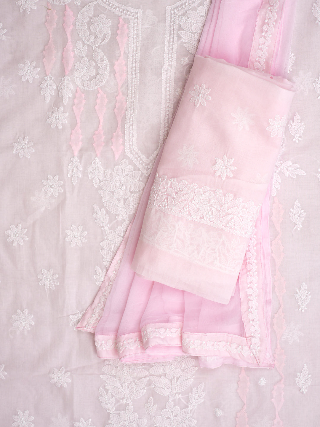 Ada Hand Embroidered Pink Cotton Lucknowi Chikankari Unstitched Suit Piece With Chiffon Dupatta 01A981897