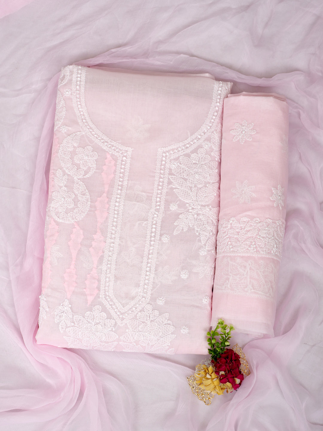 Ada Hand Embroidered Pink Cotton Lucknowi Chikankari Unstitched Suit Piece With Chiffon Dupatta 01A981897