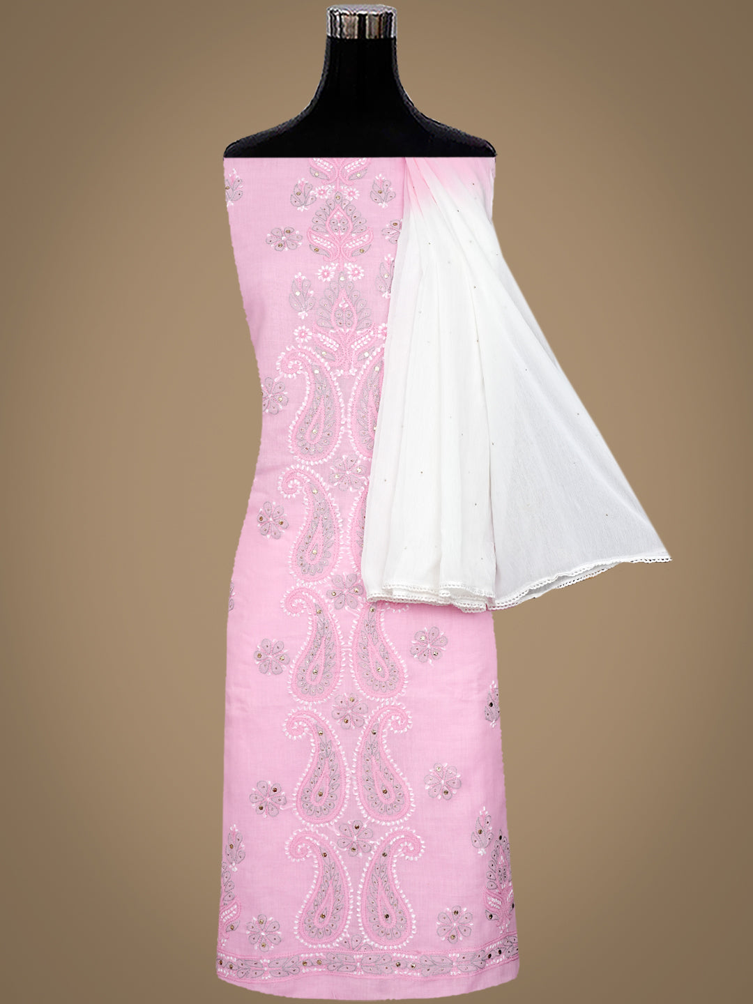 Ada Hand Embroidered Pink Cotton Lucknowi Chikankari Unstitched Suit Piece With Mukaish / Muqaish Work 01A622156