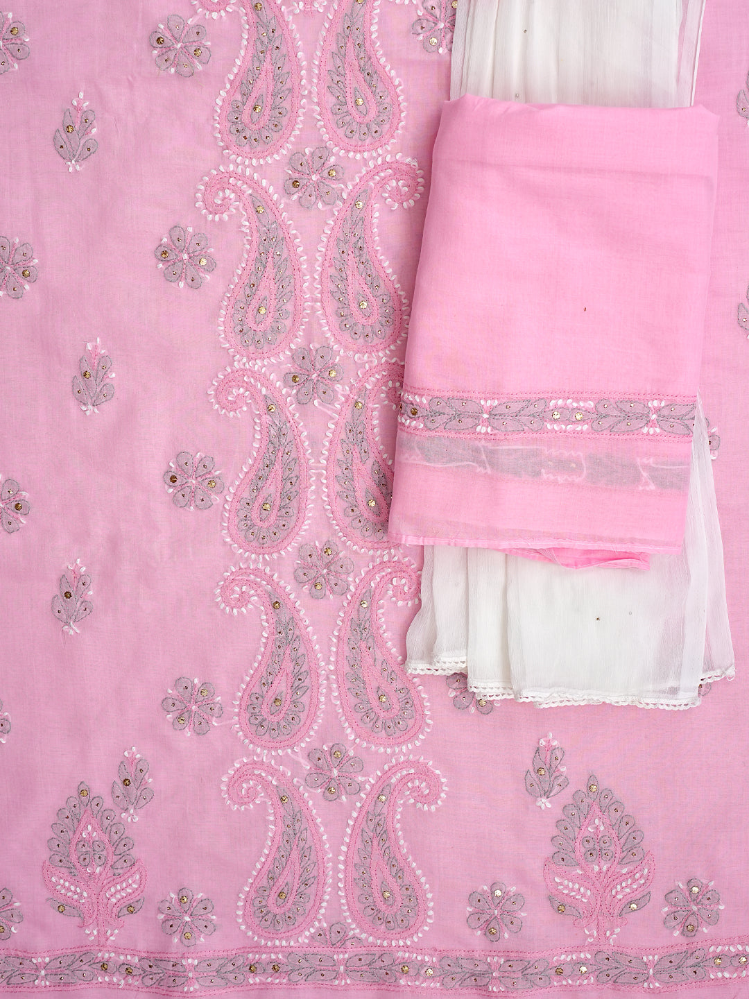 Ada Hand Embroidered Pink Cotton Lucknowi Chikankari Unstitched Suit Piece With Mukaish / Muqaish Work 01A622156